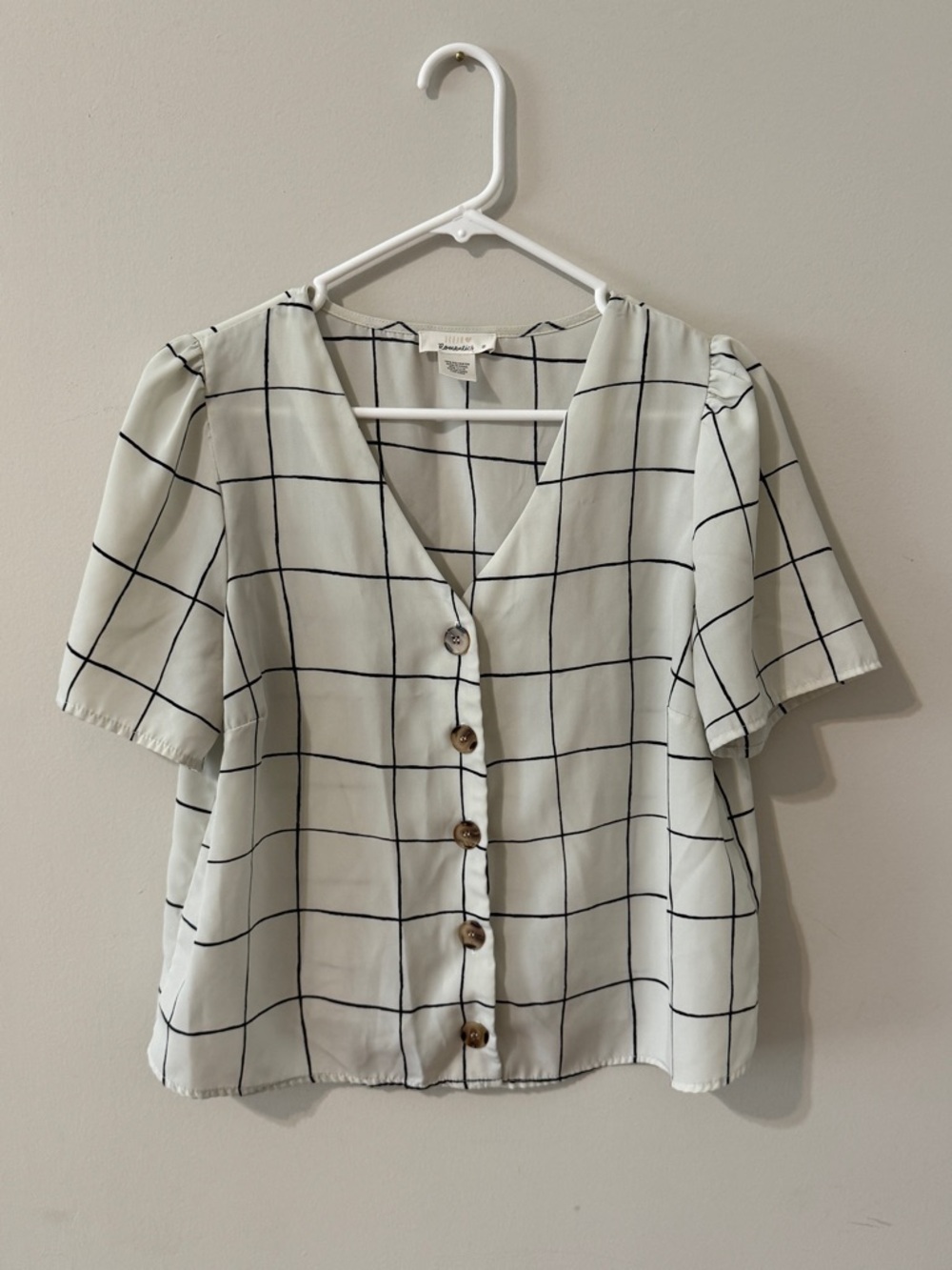 T.J.Maxx White Blouse with Black Windowpane Check